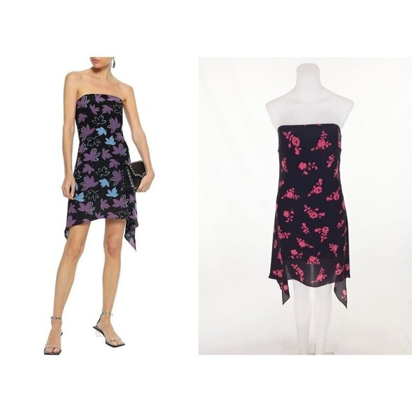 VERSUS VERSACE New 46 US 10 Strapless Floral-print Silk-crepe Mini Dress Black - Picture 2 of 15